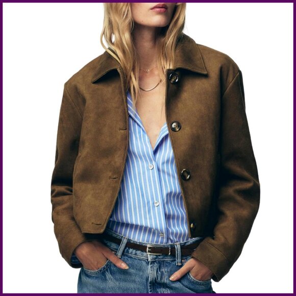 Faux Suede Cropped Jacket Button Down Coat Casual Outerwear Women's